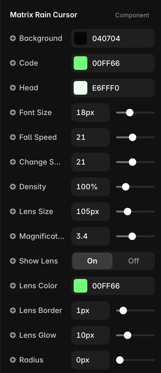 Matrix Rain Cursor customisation controls in Framer